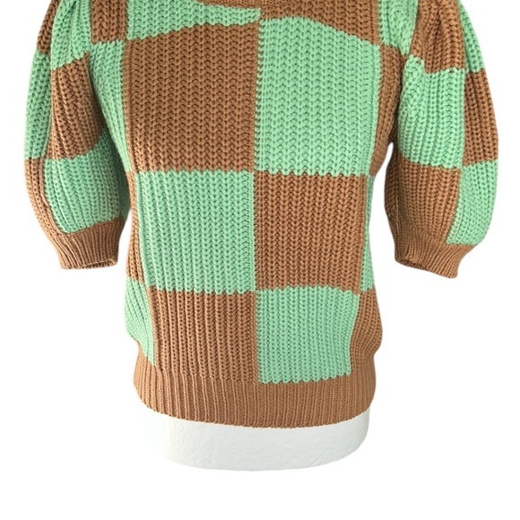 NWT English Factory Mint Green Tan Check Plaid Puff Sleeve Crop Sweater - XS - Picture 9 of 16